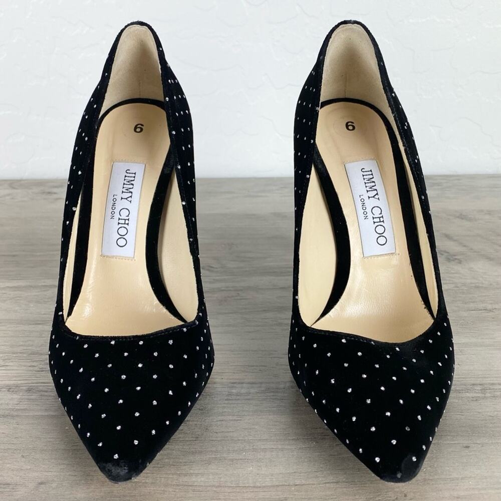 Jimmy Choo Romy 100 Silver Glitter Spotted BlackVelvet Pointy Toe Pumps Sz 6.5 - Picture 8 of 14